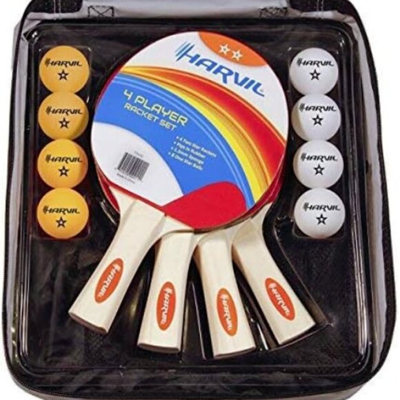 Harvil Leather/Wood 4-Player Table Tennis Racket Set with Conversion Top NS259 - Picture 1 of 7